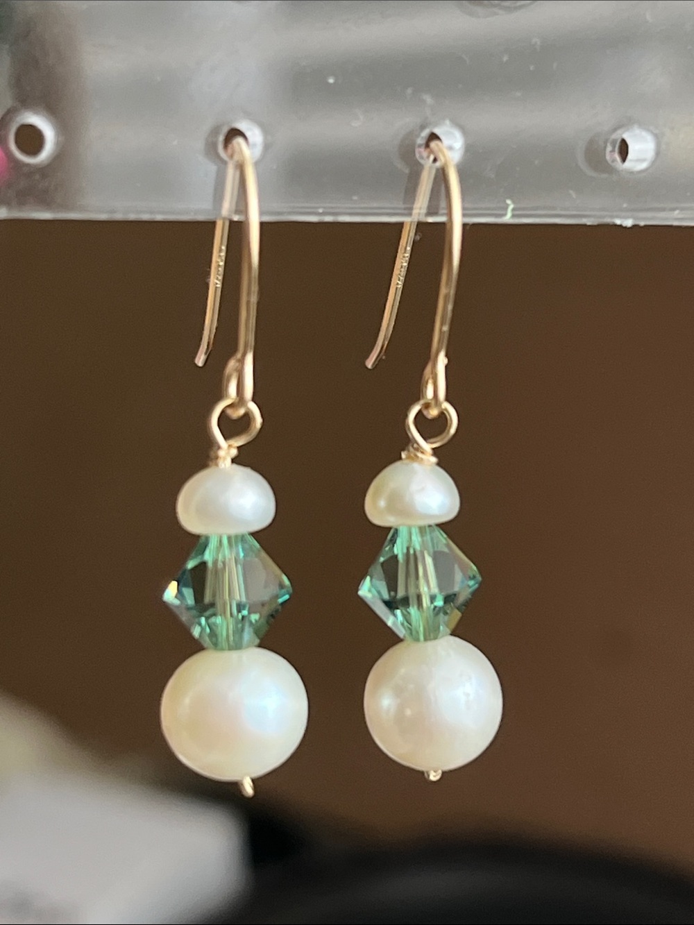 14K Gold Pearl Drop Earrings with Green Crystal Accents